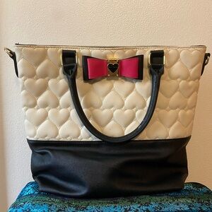 Betsey Johnson Cream and Black Quilted Heart Tote with Pink Bow